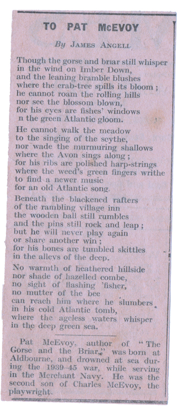 Newspaper Cutting of Poem To Pat McEvoy by James Angell